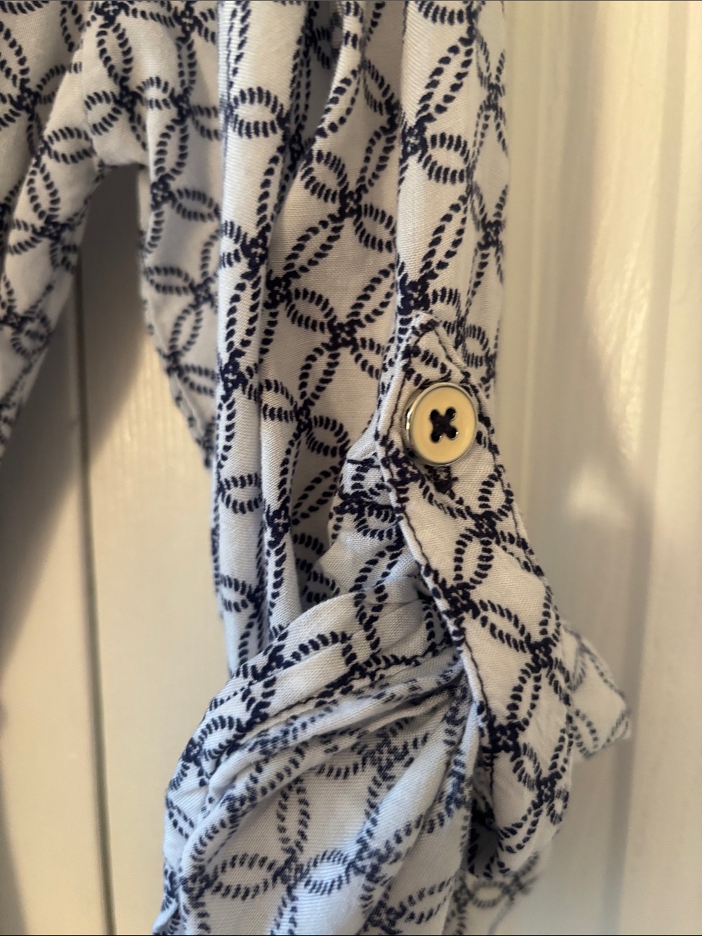 Nautica Navy & White Geometric Print Tie Waist Midi Shirt Dress | Size S - Picture 3 of 8